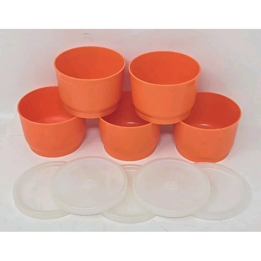 5 Vintage Tupperware #1229  Snack Cups 4oz With Lids Orange U57